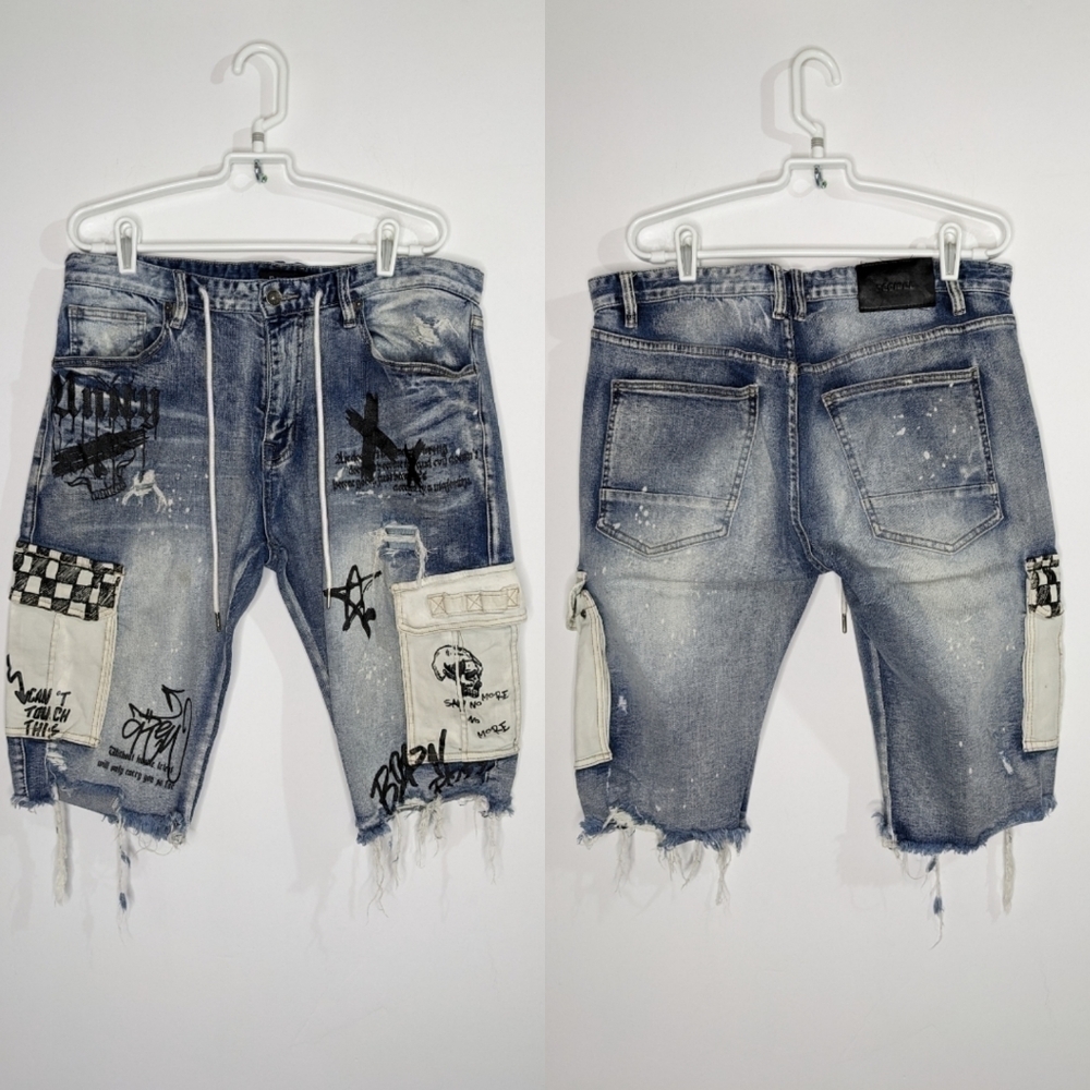 Decibel distressed blue black white graffiti jean shorts 36
